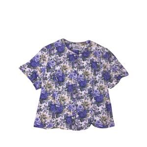 Vintage 80s Floral Purple Top Womens Medium Buttoned Cottagecore Coquette Blouse
